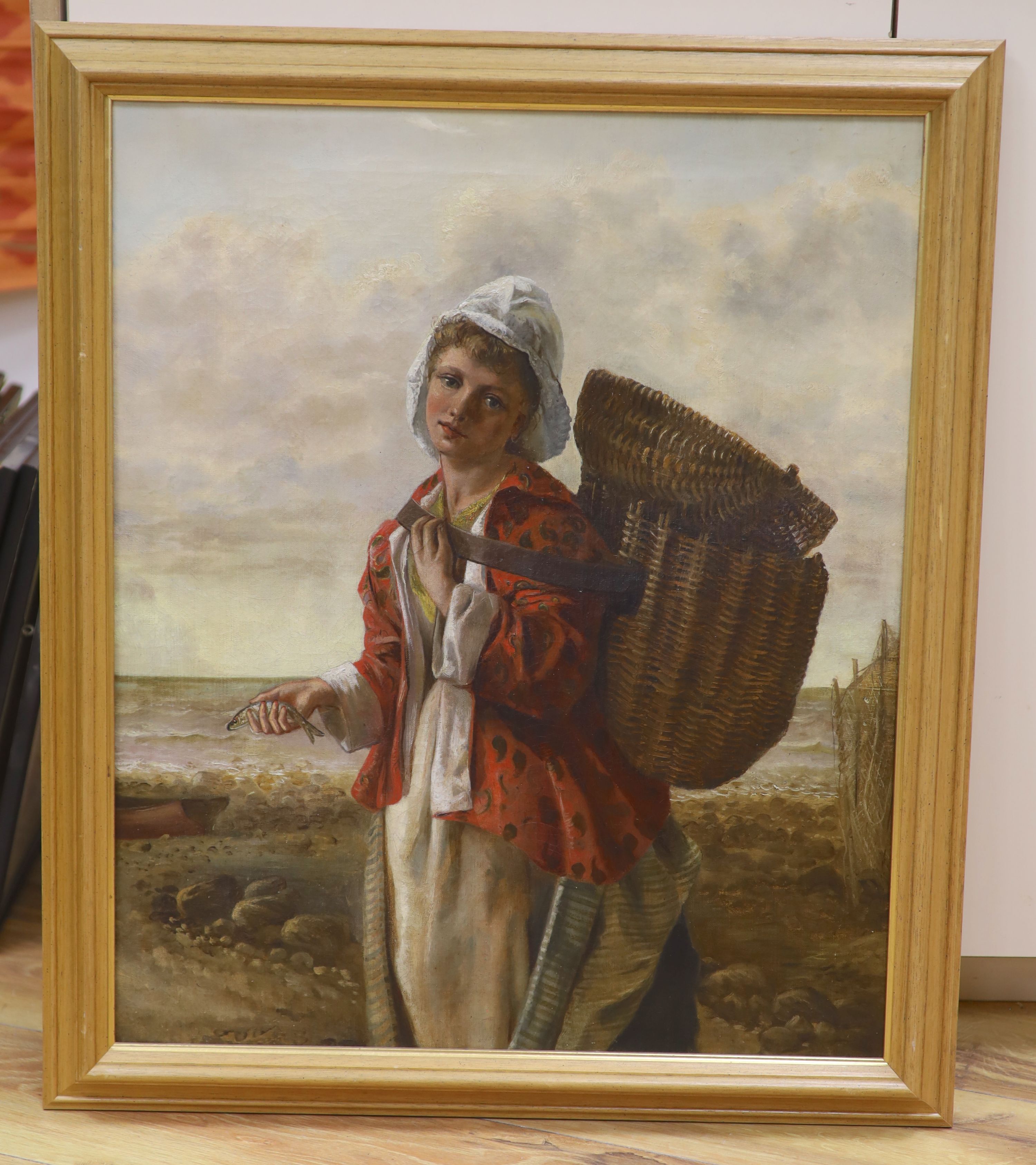 Follower of James John Hill (1811-1882), The Fisherwoman, oil on canvas, 58 x 48cm